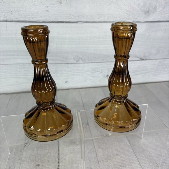 Vintage Robert Stanley Amber Glass Tapered Candles Sticks 6.5" Holders Set Of 2 - Picture 5 of 16